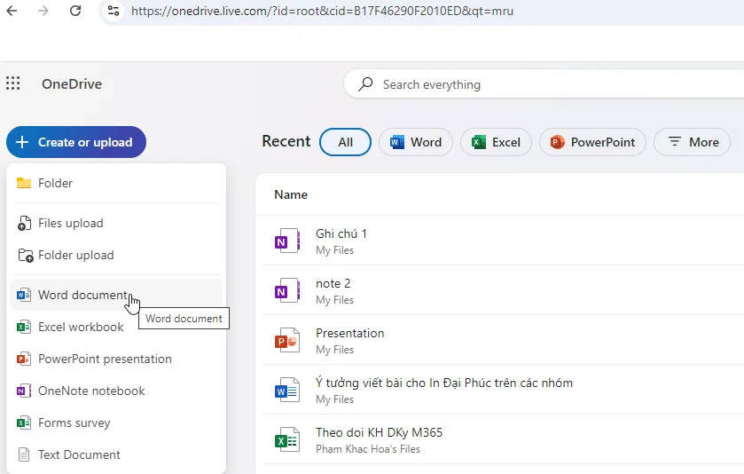 Tạo file tài liệu mới trên OneDrive Online