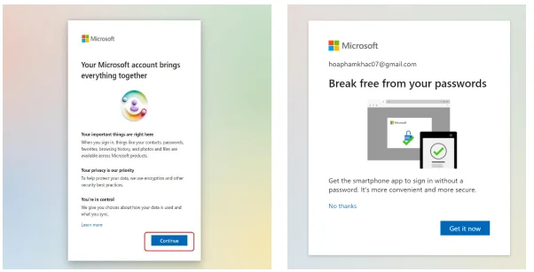 Đăng nhập TK micosoft thành công và chọn Continue
