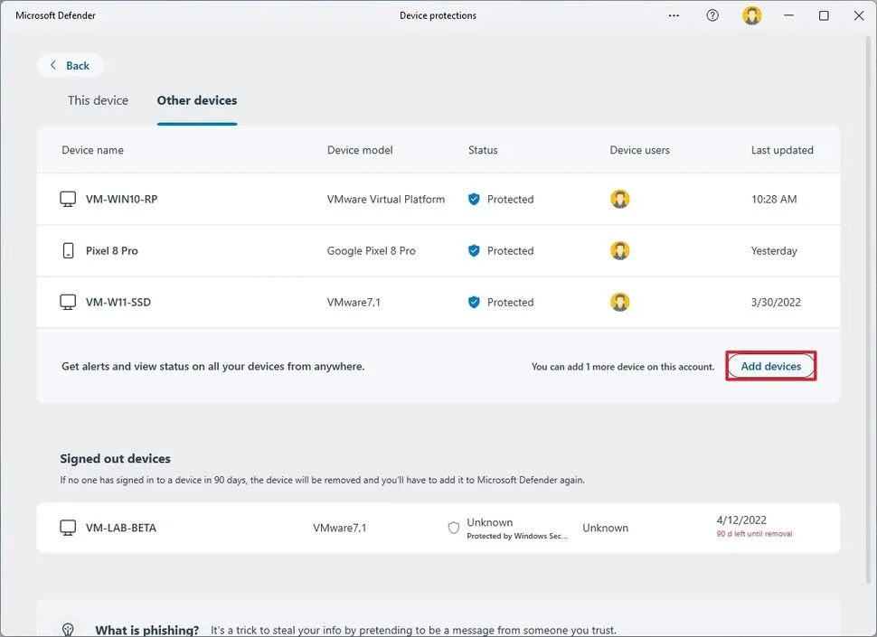 Thêm thiết bị trên Microsoft Defender trên Windows 11.1