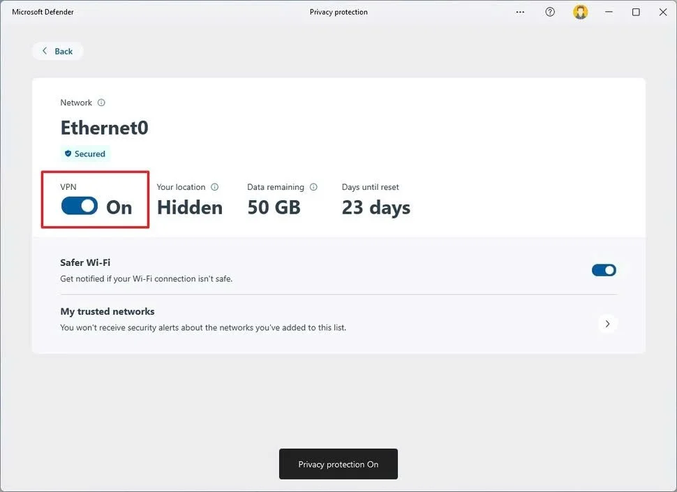 Thiết lập bảo vệ quyền riêng tư trên Microsoft Defender -Bật công tắc VPN