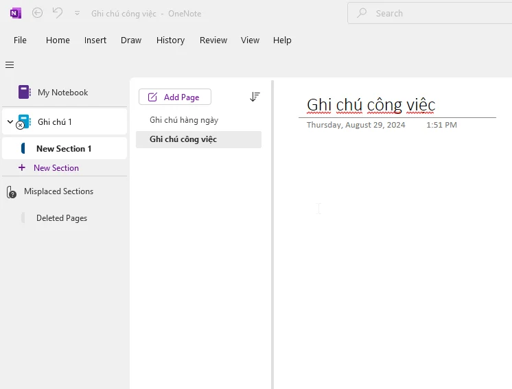 Giao diện One note office 365-Section và Page