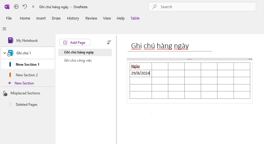 Giao diện One note office 365-Thêm ghi chú-Section và Page