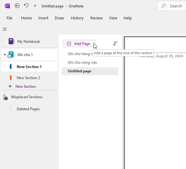 Thêm trang ghi chú trong note office 365