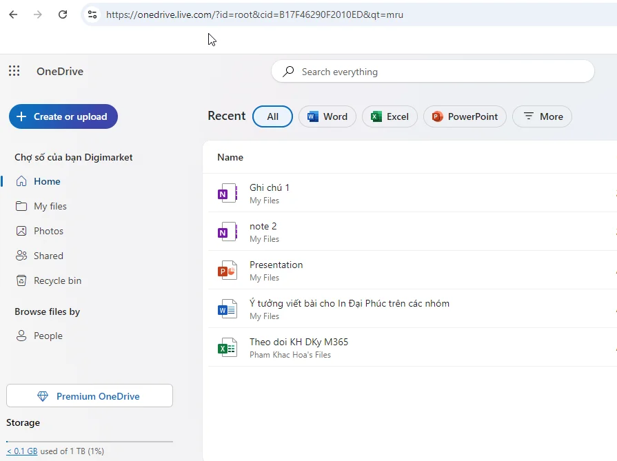 Giao diện OneDrive Web khi đăng nhập xong