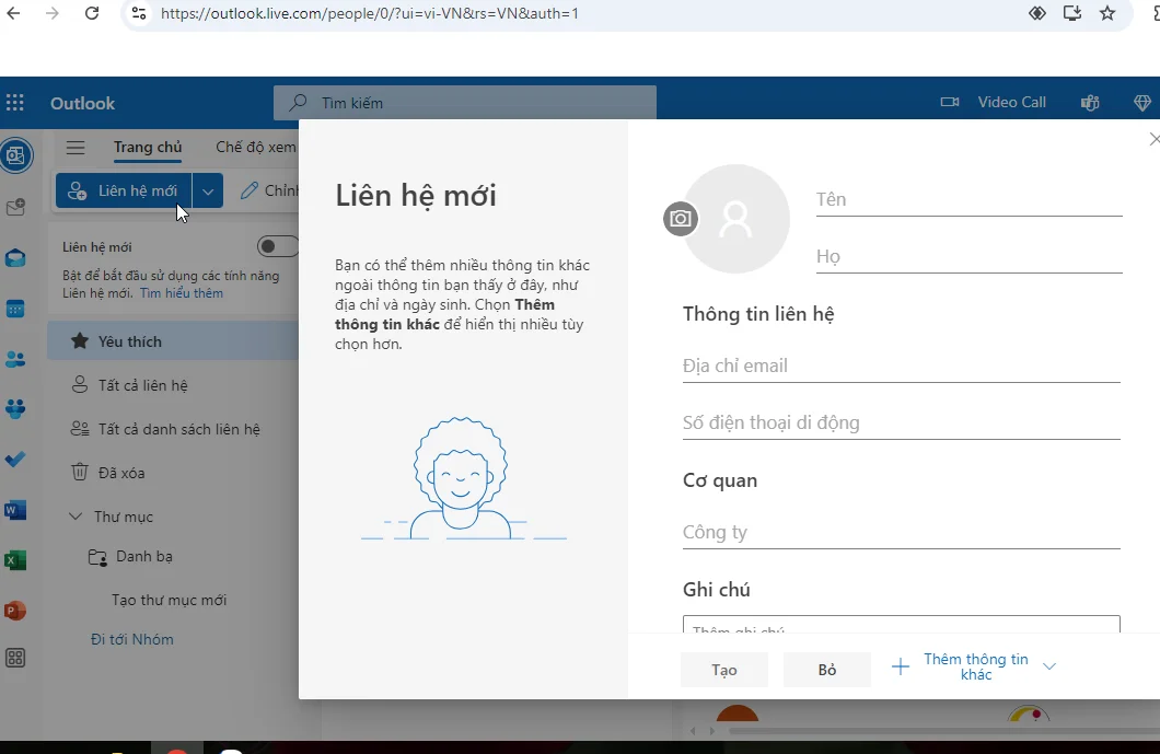 Hướng dẫn sử dụng outlook 365-Tạo liên hệ mới