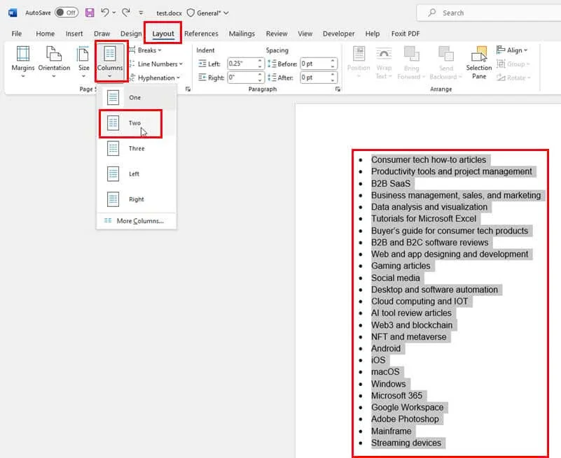 Layout-microsoft word into columns